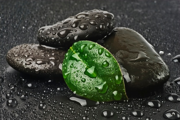 zen stones and leaves with water