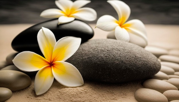 Zen Stones met lijnen op spa-zand en plumeria-bloemharmonieconcept Generatieve AI