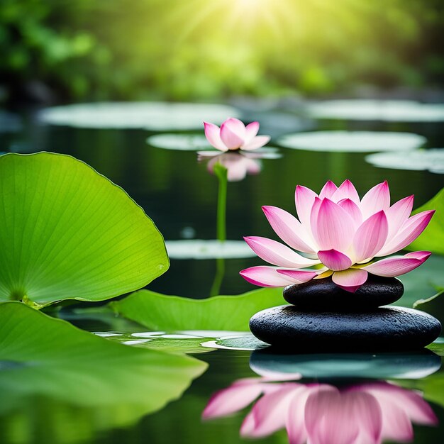 Photo zen stones orchid lotus flower on nature background with reflection spa treatment massage