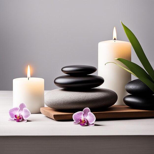 Zen stones orchid Lotus flower on nature background with reflection Spa treatment massage