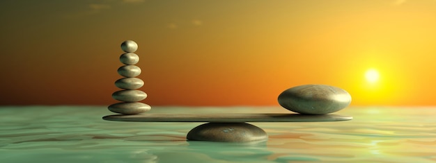 Photo zen stones row from large to small in water with blue sky 3d illustration