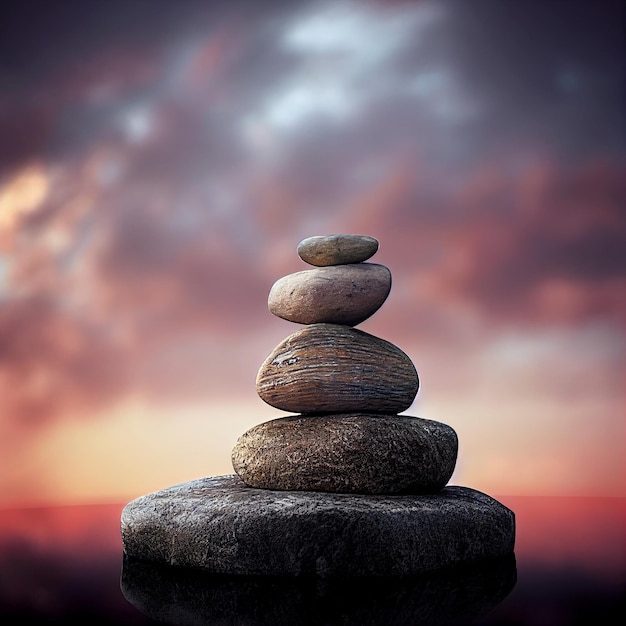 Zen stones stack 3d illustration balanced pebbles in pile with sunset on the background calm and harmony concept