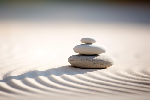 Фото Дзен-камни, сложенные на гребном песке в минималистской обстановке для баланса и гармонии