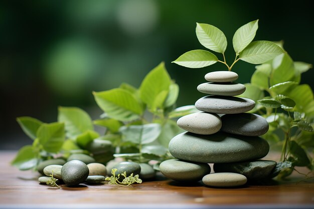 Photo zen stones stacked on green background in health and wellness