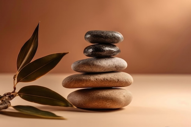 Zen Stones Stacked On Top Of Each Other Standing On Beige Background With Bamboo Leaves Copy Space Generative AI