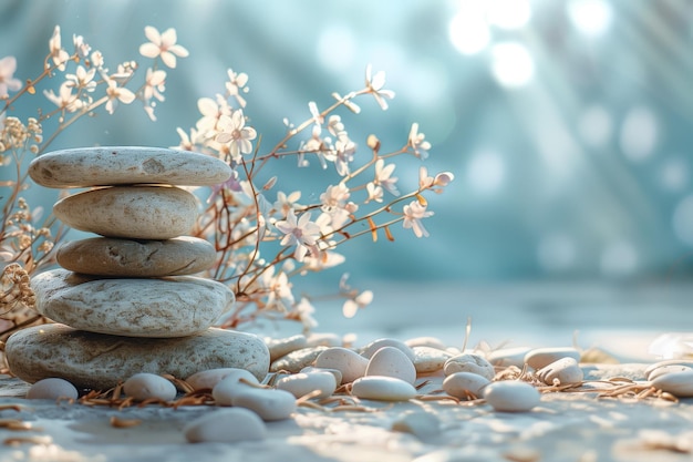 Zen stones stacked with a backdrop of delicate white blossoms and pebbles evoking a sense of balance