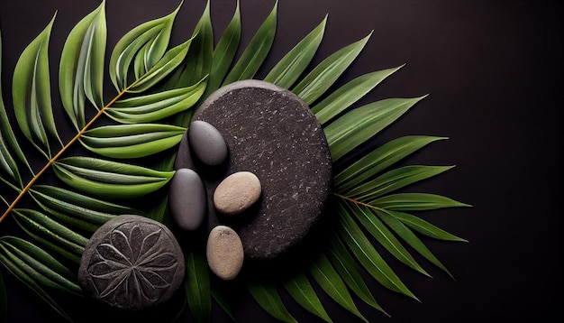 Zen stones and tropical leaf on dark background top view with space for text Copy space