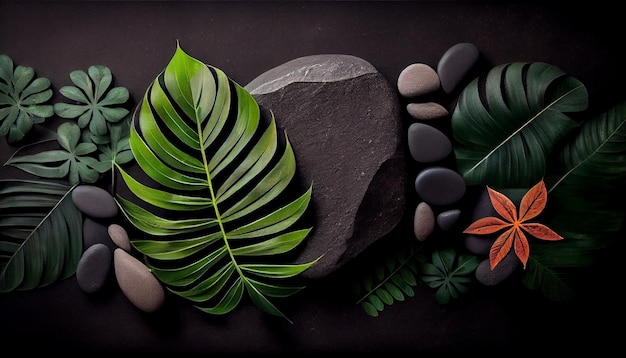 Zen stones and tropical leaf on dark background top view with space for text Copy space