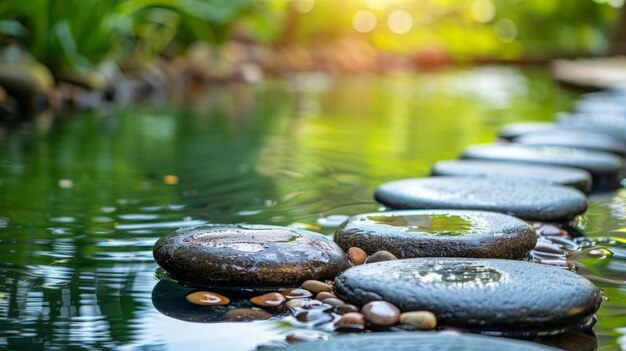 Zen stones and water in a peaceful green garden relaxation time