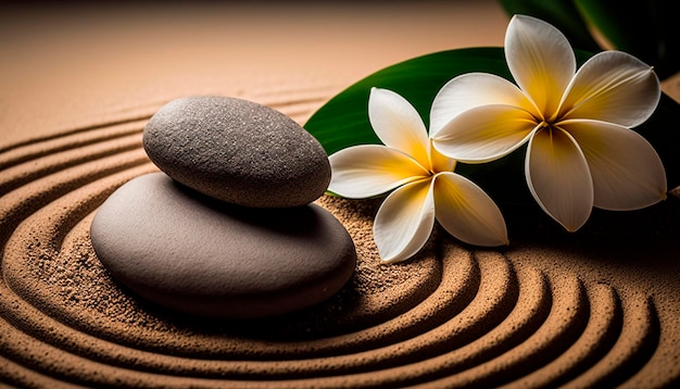 Zen Stones with lines on spa sand and plumeria flower harmony concept Generative AI