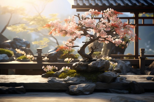 Zen tuin met bonsai bomen en rustige bloemen a 00216 01