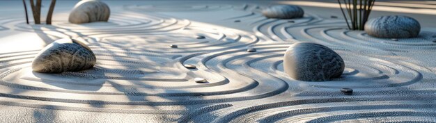 Zen tuin met gladde stenen en zonlicht