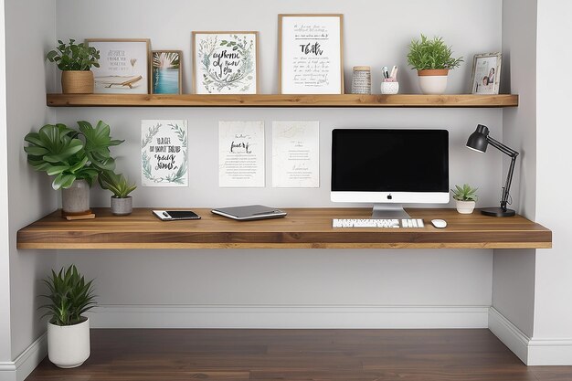 Photo zenful workstation floating shelf desk and inspirational quotes wall