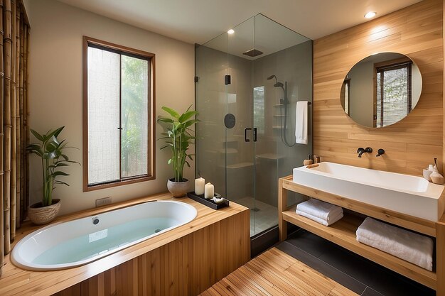 Zeninspired bathroom with a Japanese soaking tub and bamboo elements