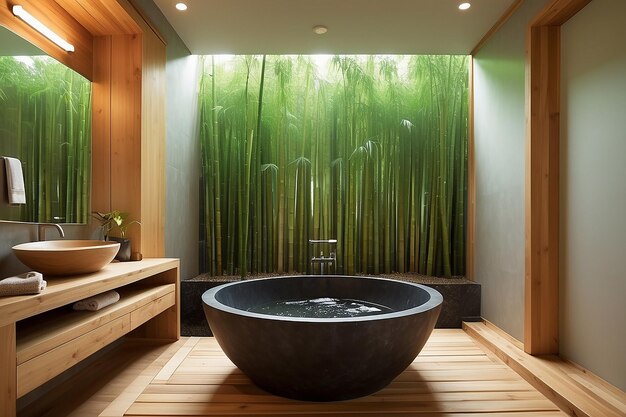 Zeninspired bathroom with a Japanese soaking tub and bamboo elements