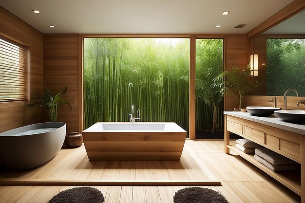 Photo zeninspired bathroom with a japanese soaking tub and bamboo elements