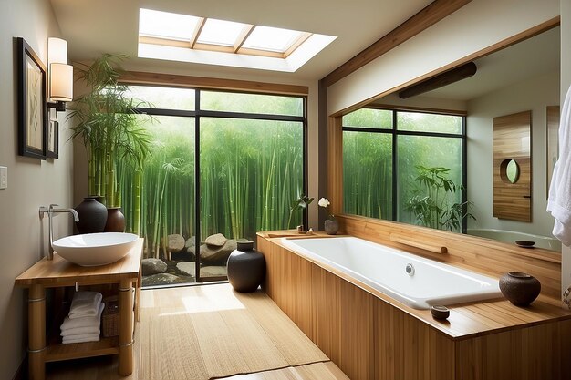 Photo zeninspired bathroom with a japanese soaking tub and bamboo elements