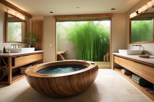 일본식 목욕탕과 대나무 요소가 있는 젠에서 영감을 받은 욕실