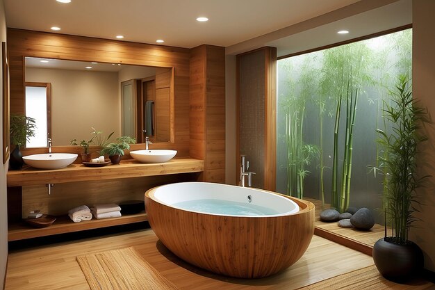 Photo zeninspired bathroom with a japanese soaking tub and bamboo elements