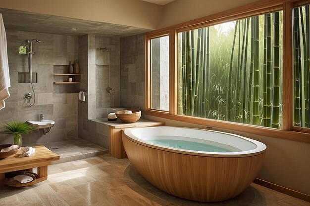 Zeninspired bathroom with a Japanese soaking tub and bamboo elements