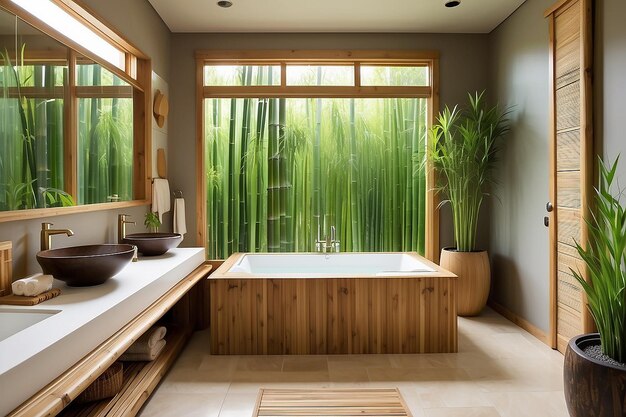 日本風の浴槽と竹製の要素を持つ禅風の浴室