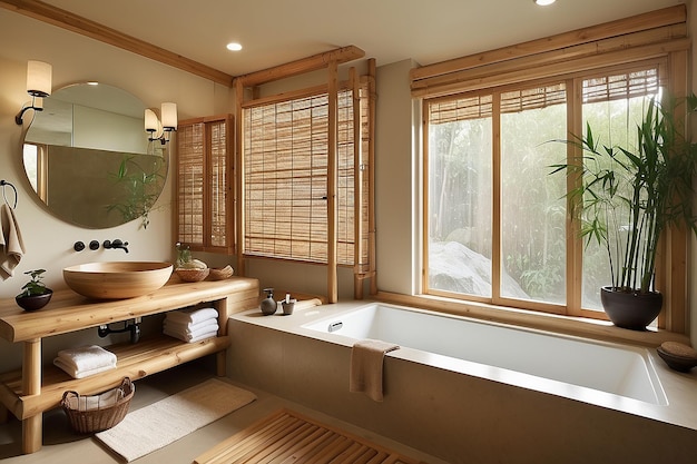 Ванная в стиле дзен с японской ванной и бамбуковыми элементами