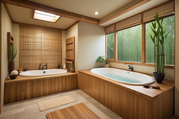 Zeninspired bathroom with a Japanese soaking tub and bamboo elements