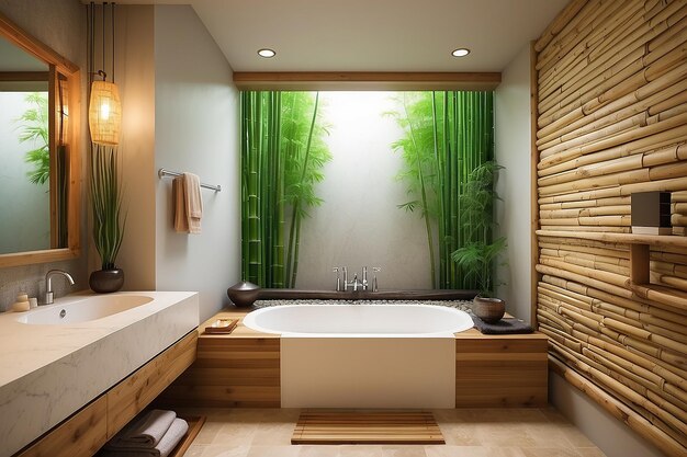 Photo zeninspired bathroom with a japanese soaking tub and bamboo elements