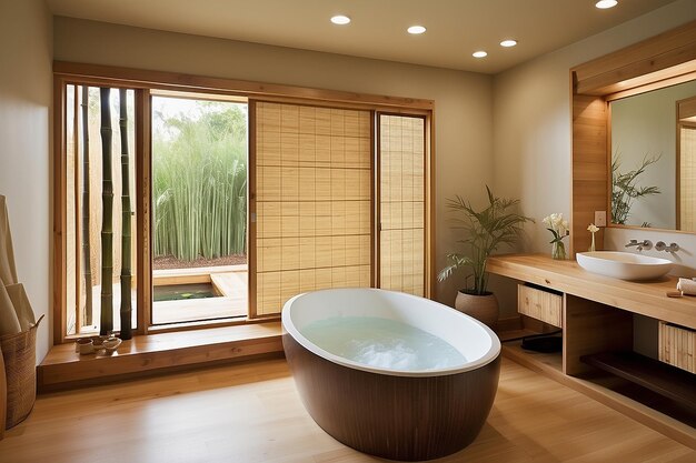 Zeninspired bathroom with a Japanese soaking tub and bamboo elements