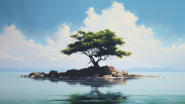 Zeninspired Digital Painting Of Tree On Island In 8k Resolution