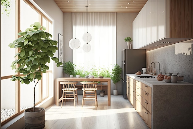 Zeninspired kitchen with minimalist design and natural daylight