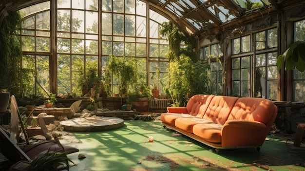 Photo zeninspired ruined greenhouse with impressive panoramas and retro visuals