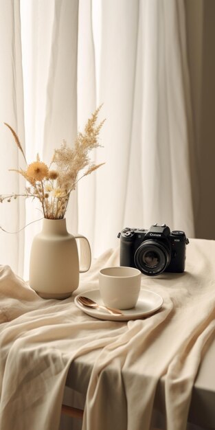 Photo zeninspired vase with flowers on table beige and amber aesthetics