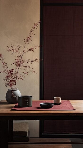 Photo zenlike wooden table set with dark red and dark indigo style