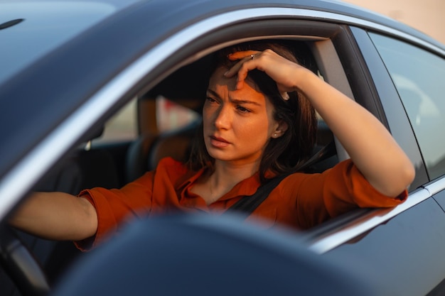 Zenuwachtige vrouwelijke bestuurder zit achter het stuur en heeft een bezorgde uitdrukking omdat ze bang is om voor het eerst zelf auto te rijden Bange vrouw krijgt auto-ongeluk op de weg Mensen die problemen hebben met transport