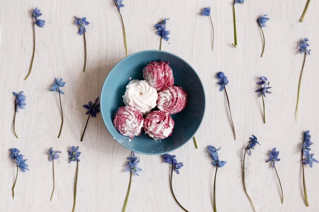 Zephyr. Creative food photography. Colorful sweets in teal plate on spring flowers