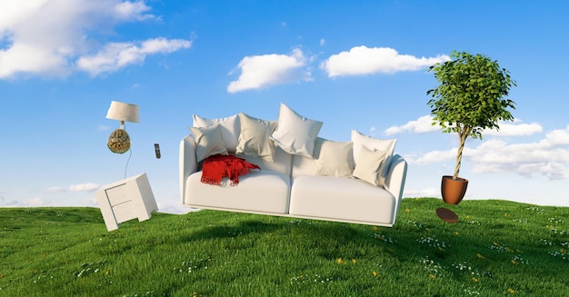 Zero Gravity Sofa hovering over a meadow with furniture and blue sky