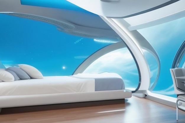 Zero gravity zenith futuristic bedroom in a weightless environment