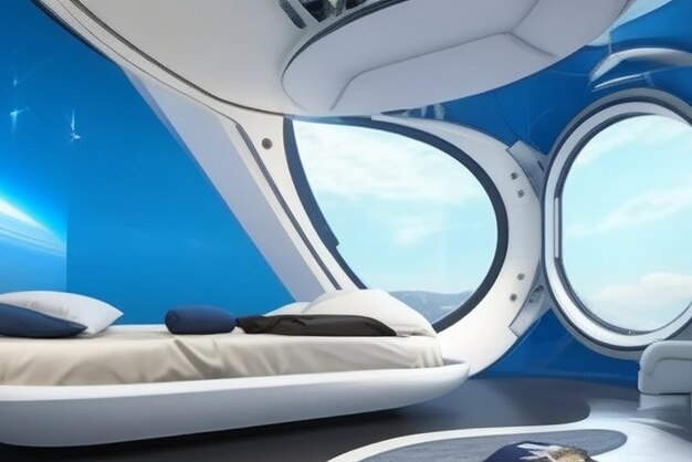 Zero gravity zenith futuristic bedroom in a weightless environment