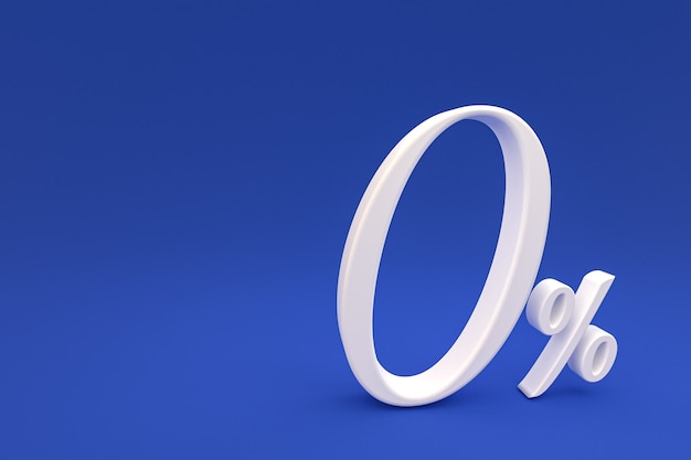 Zero percentage sign and sale discount on blue background with special offer rate. 3d rendering