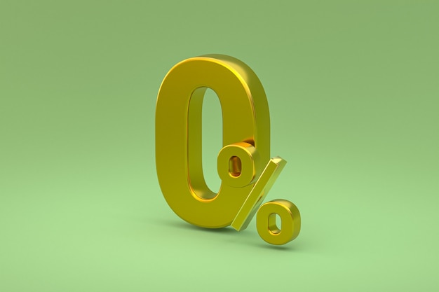 Zero percentage sign and sale discount on green background with special offer rate. 3d rendering