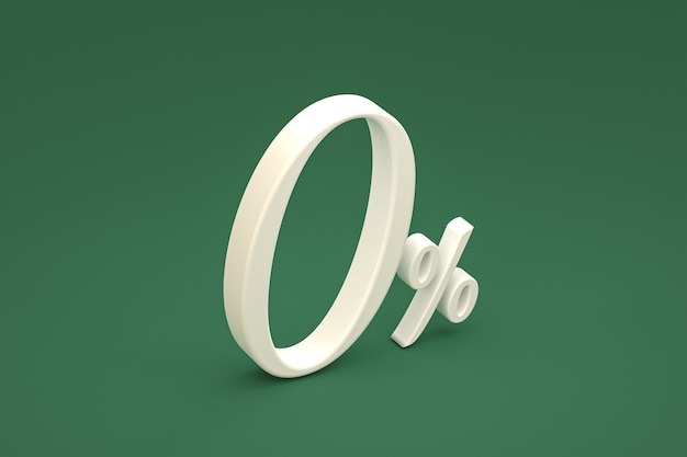 Zero percentage sign and sale discount on green background with special offer rate. 3d rendering