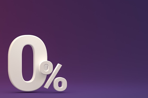 Segno di percentuale zero e sconto di vendita su sfondo viola con tasso di offerta speciale. rendering 3d