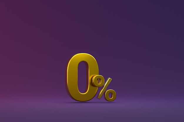 Zero percentage sign and sale discount on purple background with special offer rate. 3d rendering