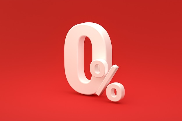 Zero percentage sign and sale discount on red background with special offer rate. 3d rendering