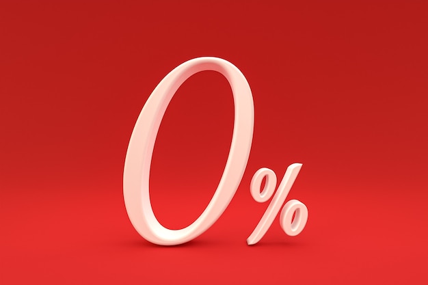 Zero percentage sign and sale discount on red background with special offer rate. 3d rendering