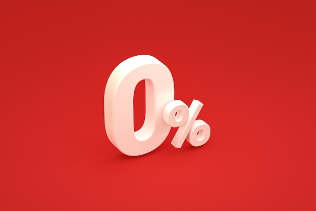 Zero percentage sign and sale discount on red background with special offer rate. 3d rendering