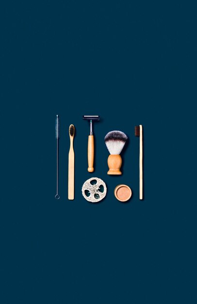 Zero waste accessories on dark blue background