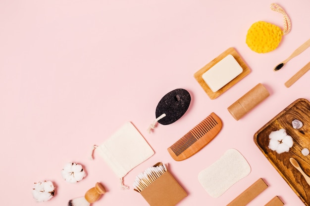 Zero waste accessories on pink.