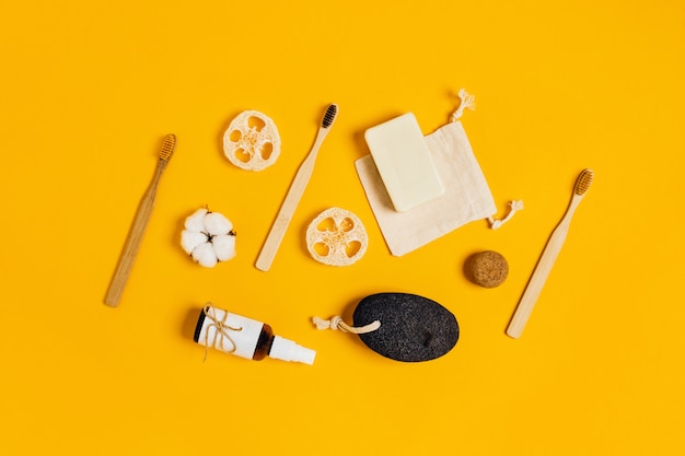 Zero waste accessories on yellow.